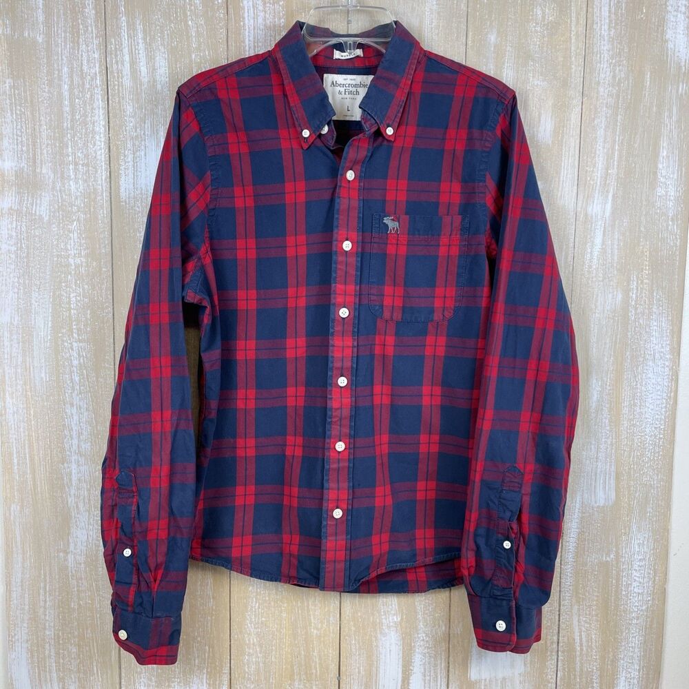 Abercrombie & Fitch Y2K Men’s Muscle Shirt Size L Red Blue Plaid Twill
